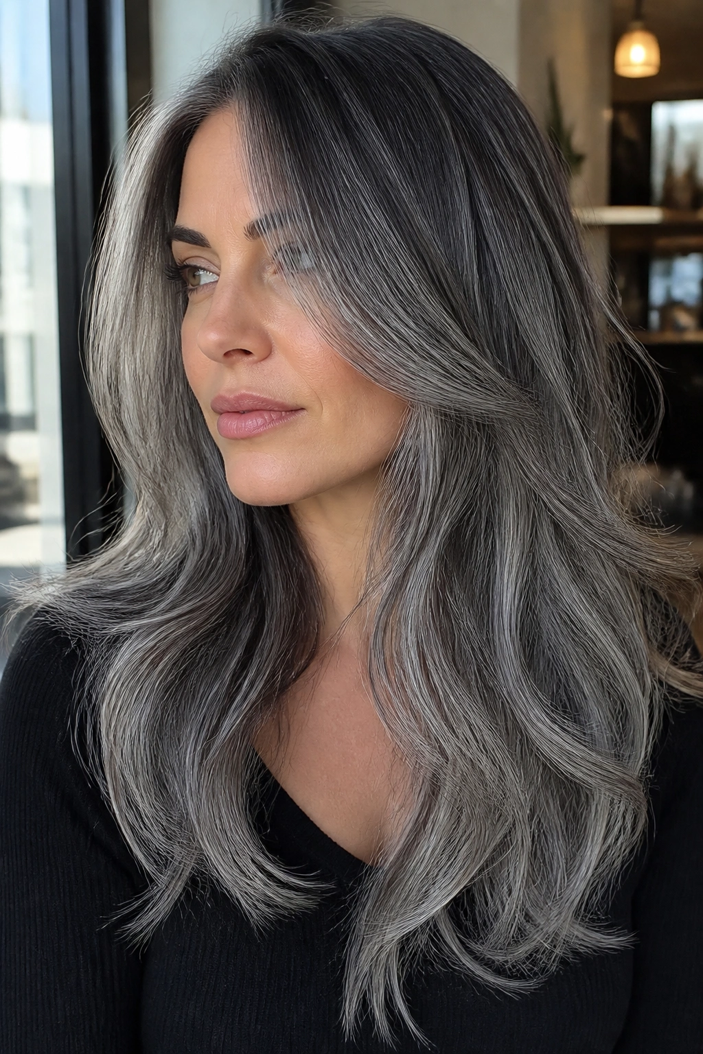 Close-up portrait of a real person with steel grey balayage on long layered hair