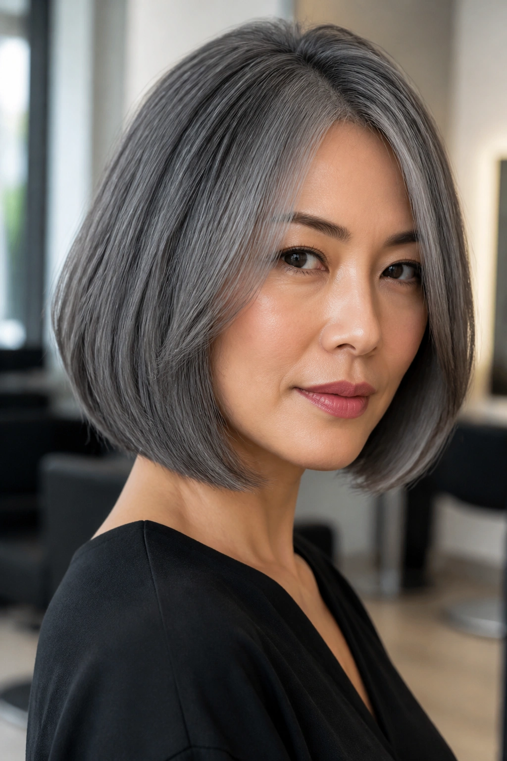 Portrait of a real woman with a steel-grey bob and beveled ends