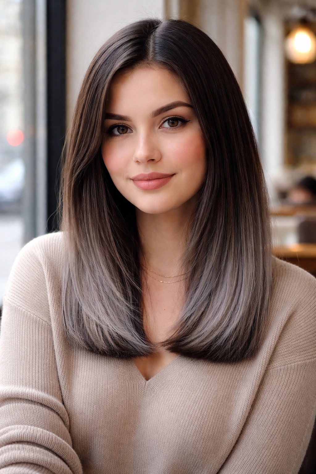 Close-up of a real person with steel grey ends on a straight cut