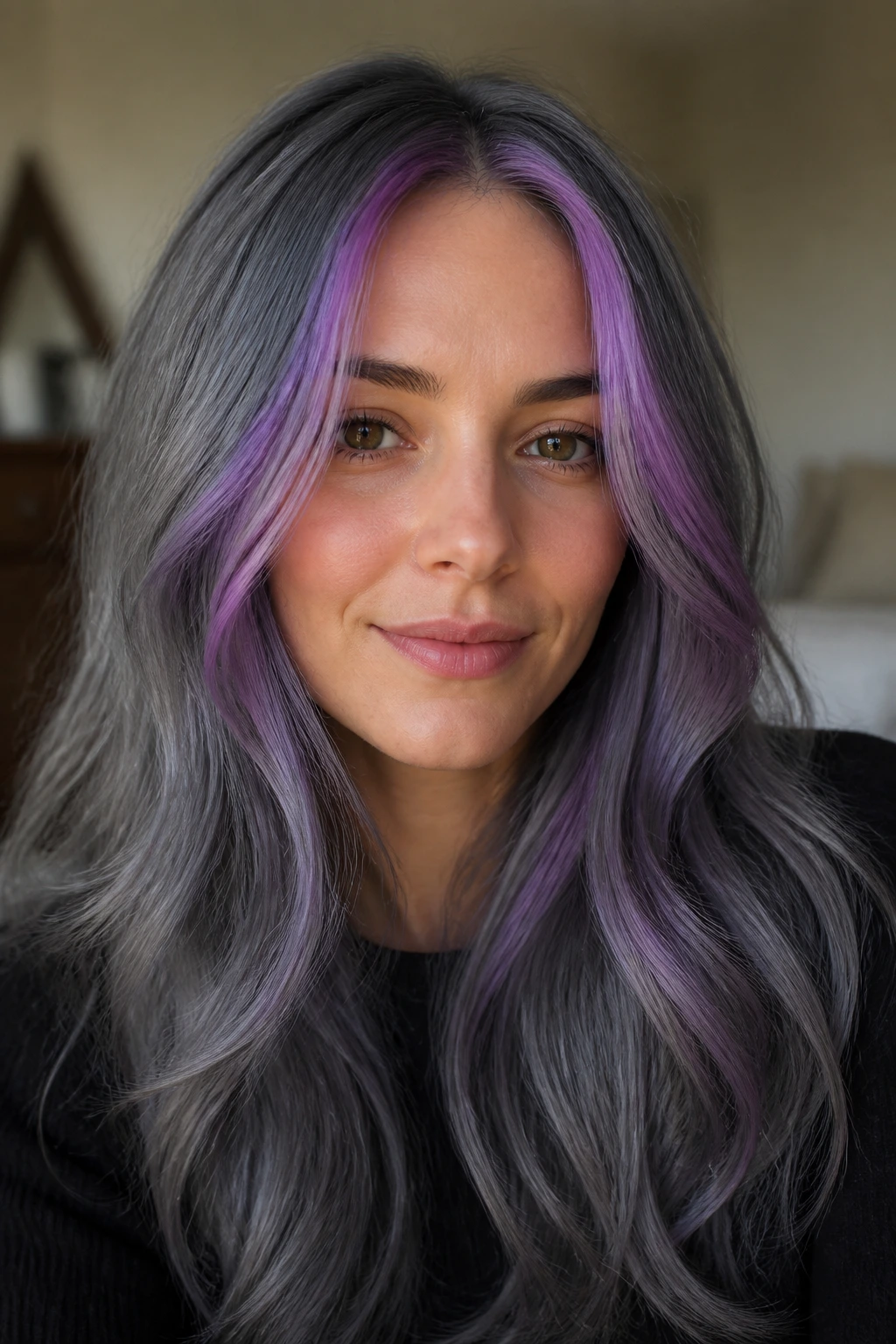 Close-up of steel grey hair with purple money-piece panels framing the face on a real woman