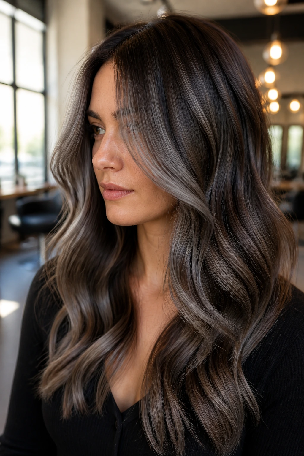 Close-up of brunette woman with steel grey ribbon highlights woven through soft waves