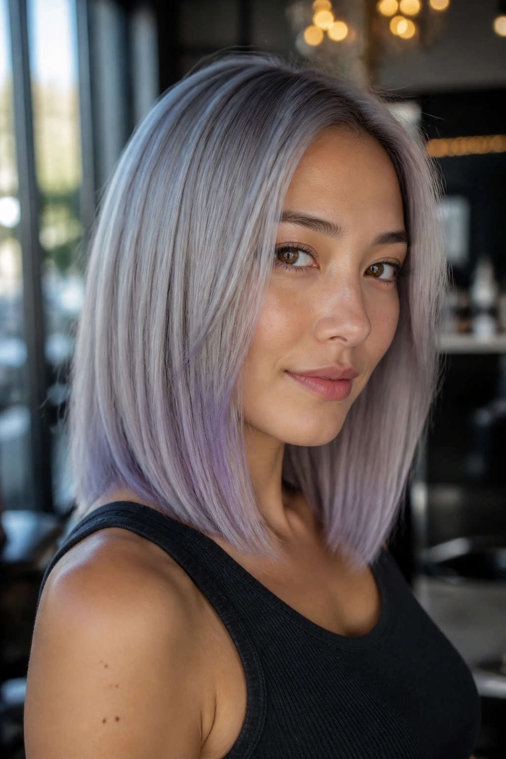 Close-up of a real woman with a blunt steel-lavender lob in a sunlit salon