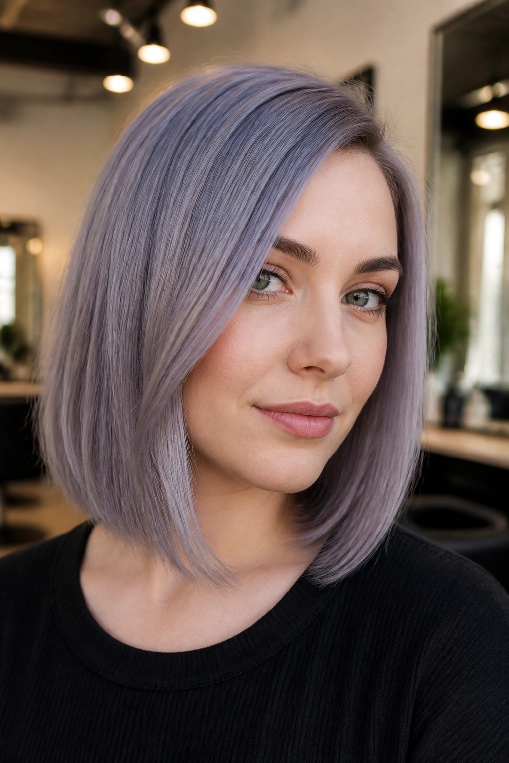 Portrait of a real person with steel lavender lob haircut.