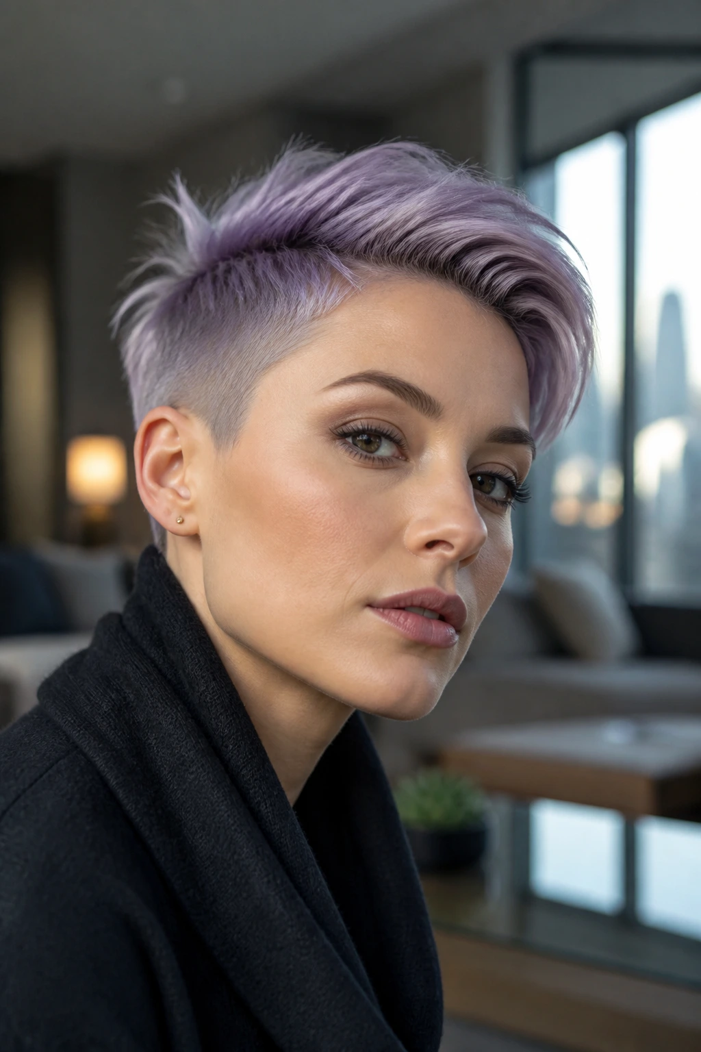 Portrait of a person with a steel lavender cropped haircut