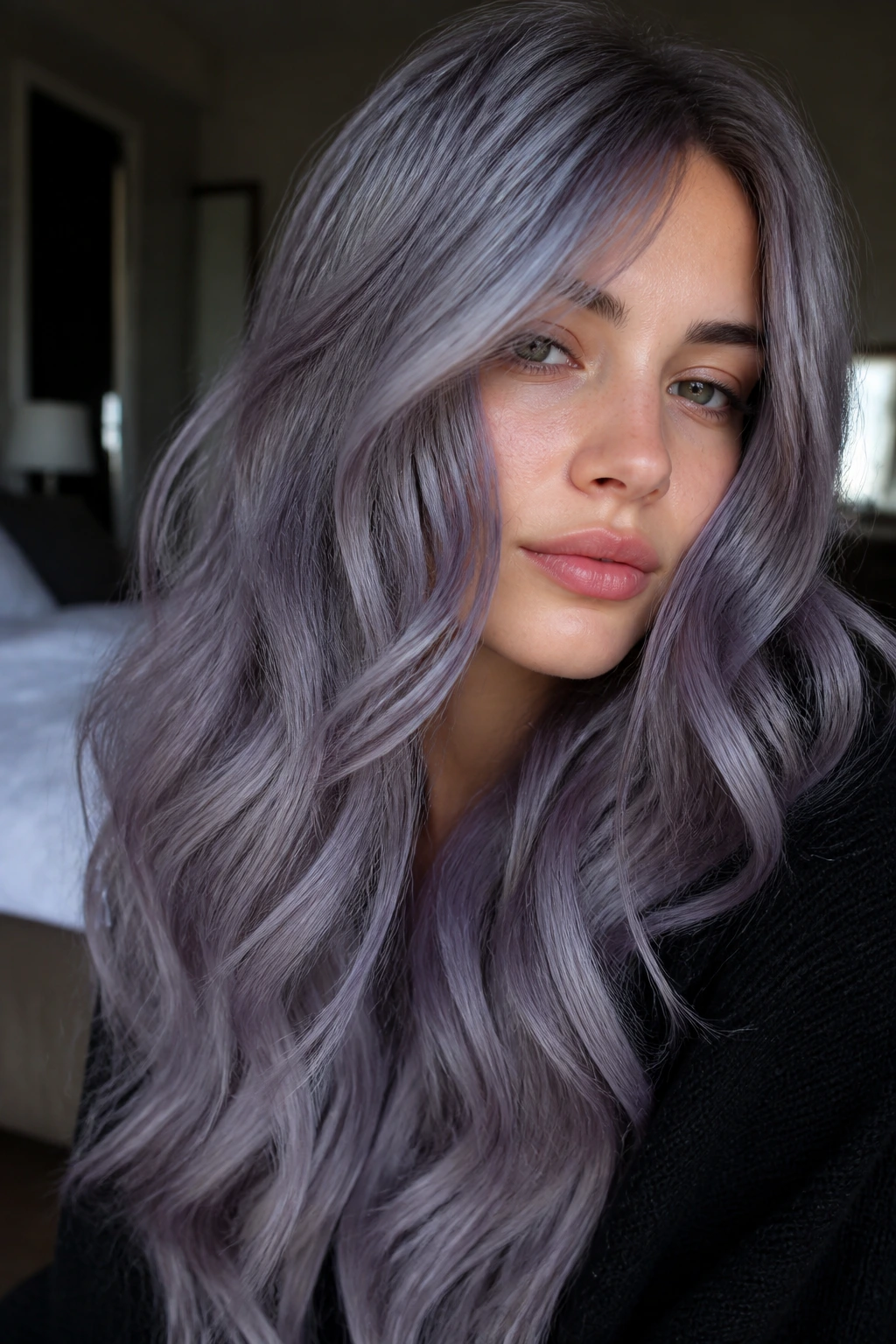 Close-up of a real person with steel lavender waves in long hair under natural window light