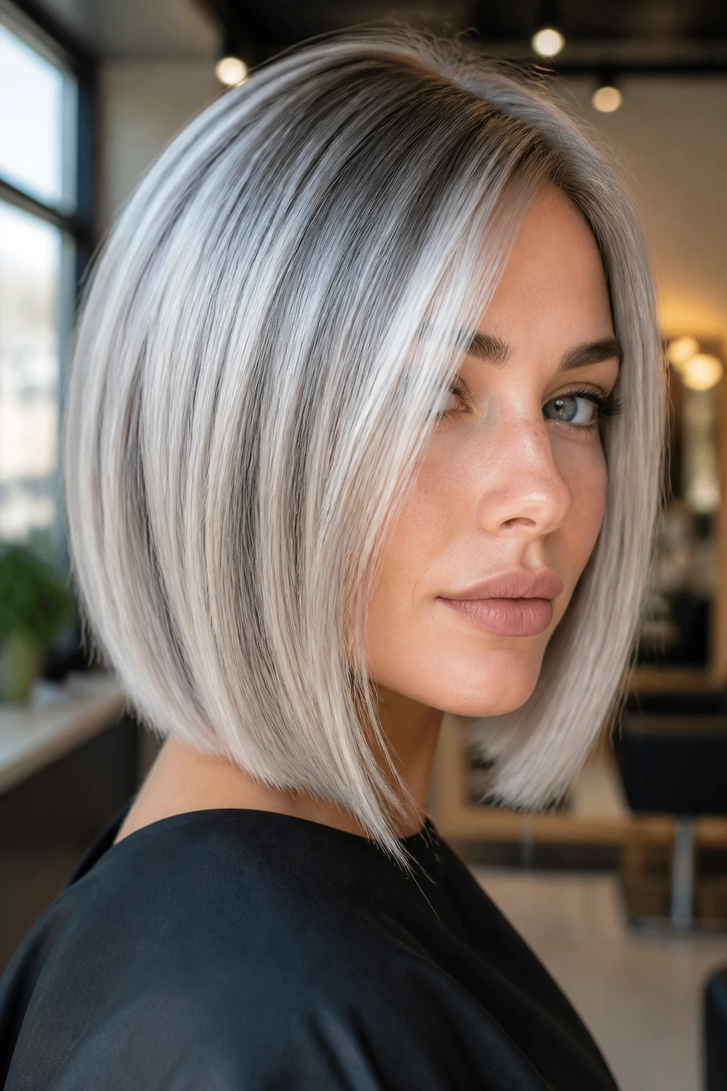 Close-up of a woman with steel-lowlight platinum hair in a blunt cut, icy dimensional tones