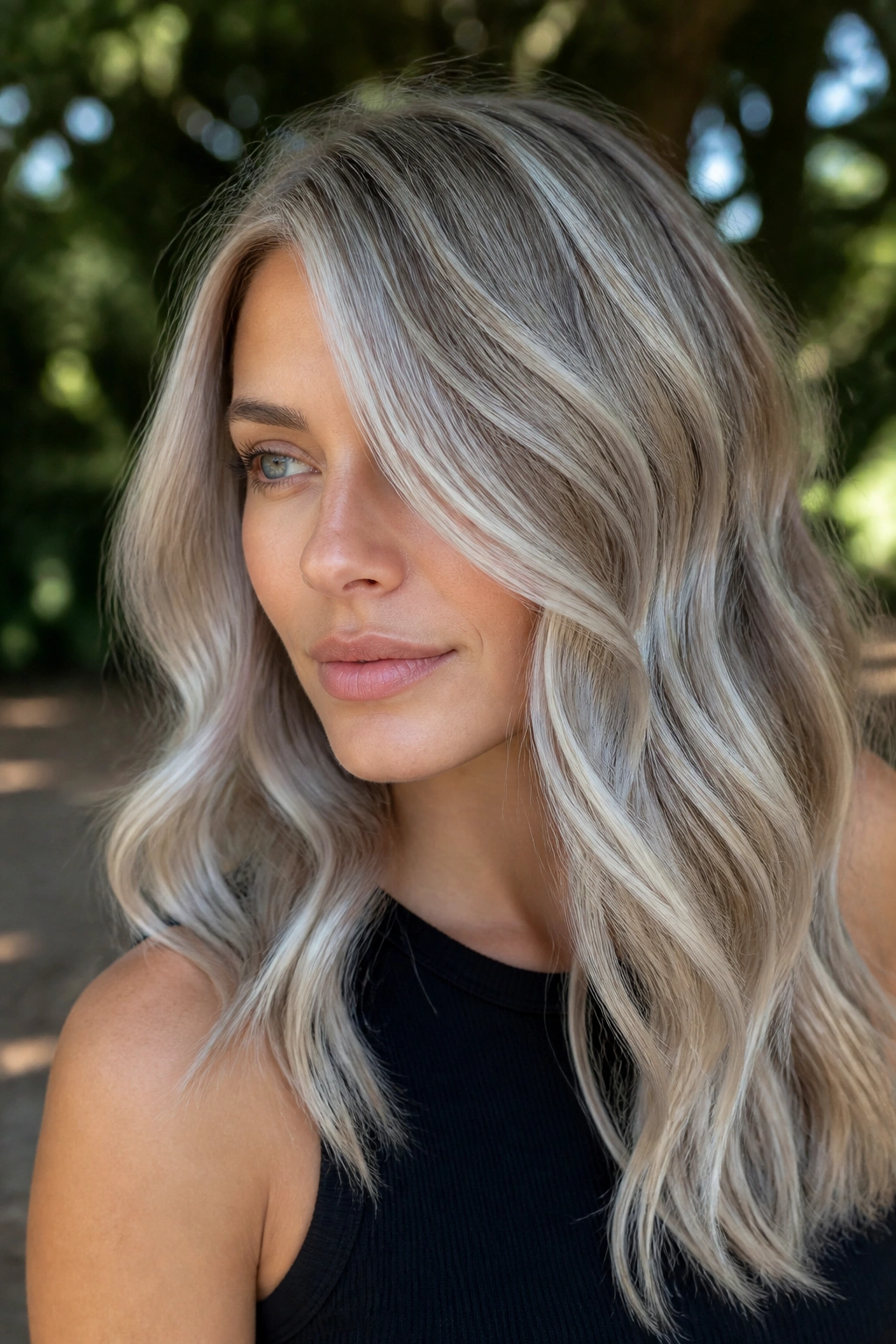 Close-up portrait of a woman with steel ribbon balayage hair outdoors