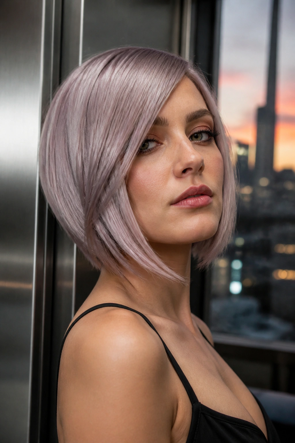Close-up portrait of a real woman with steel rose hair and metallic shine
