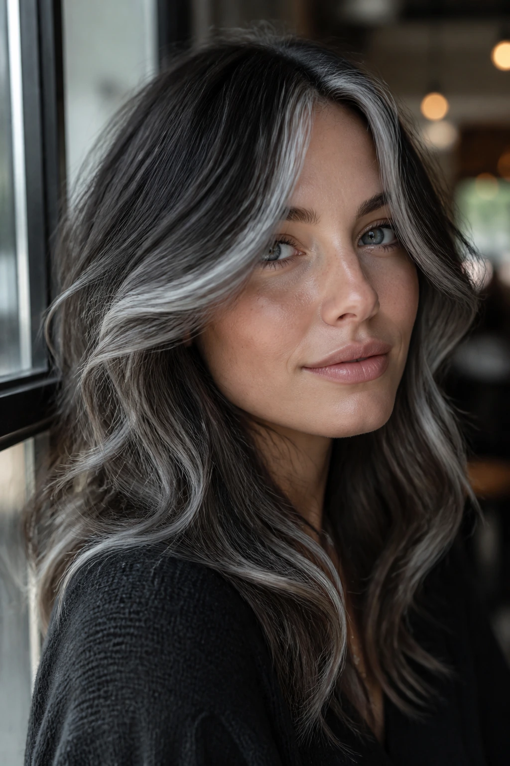 Real person with steel silver face-framing highlights around the face.