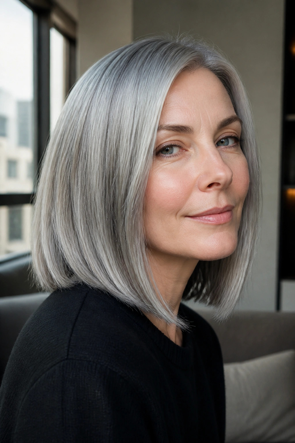 Close-up portrait of a real woman with a steel silver lob hairstyle.
