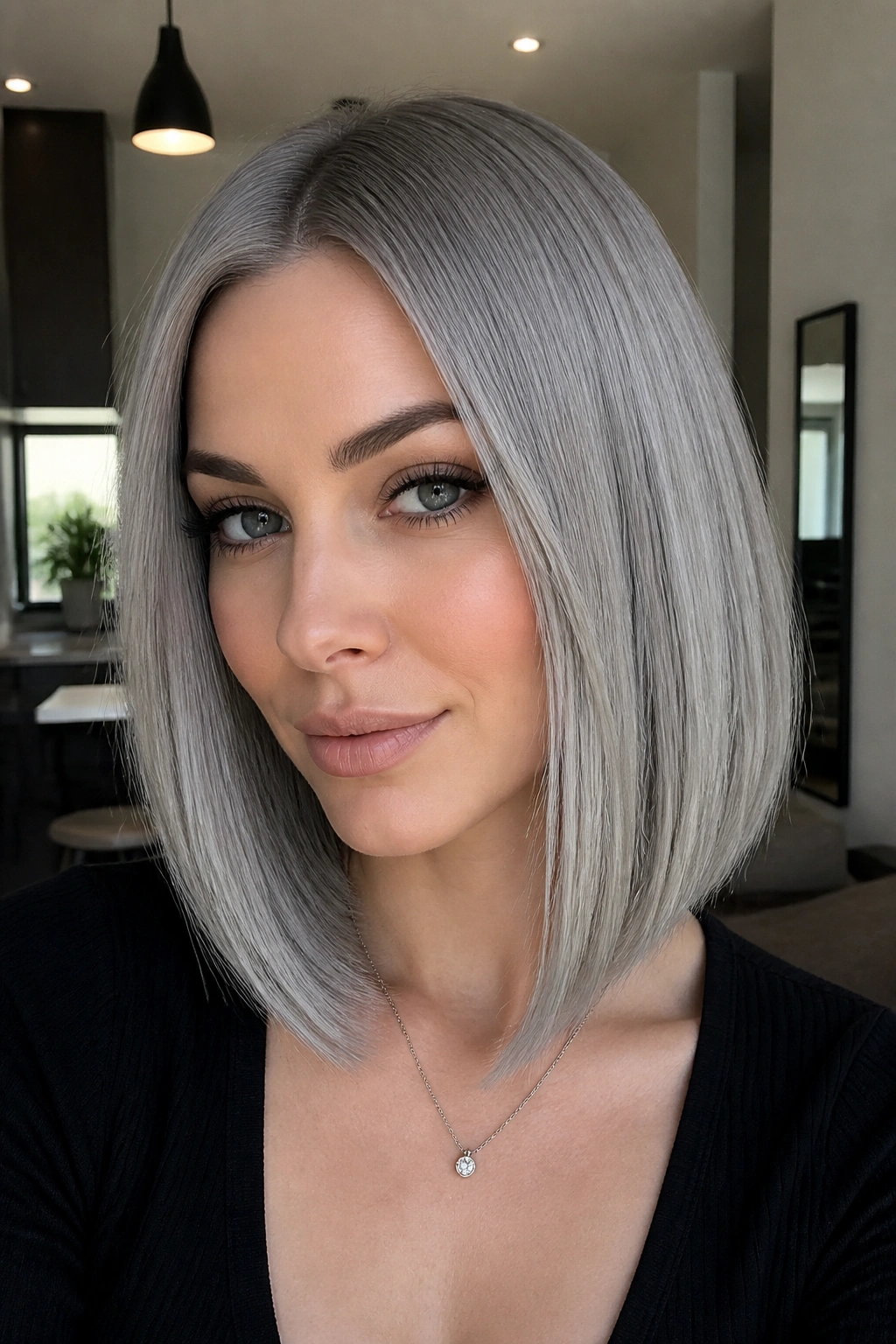 Close-up portrait of a real woman with steel silver lob haircut against a soft-lit background