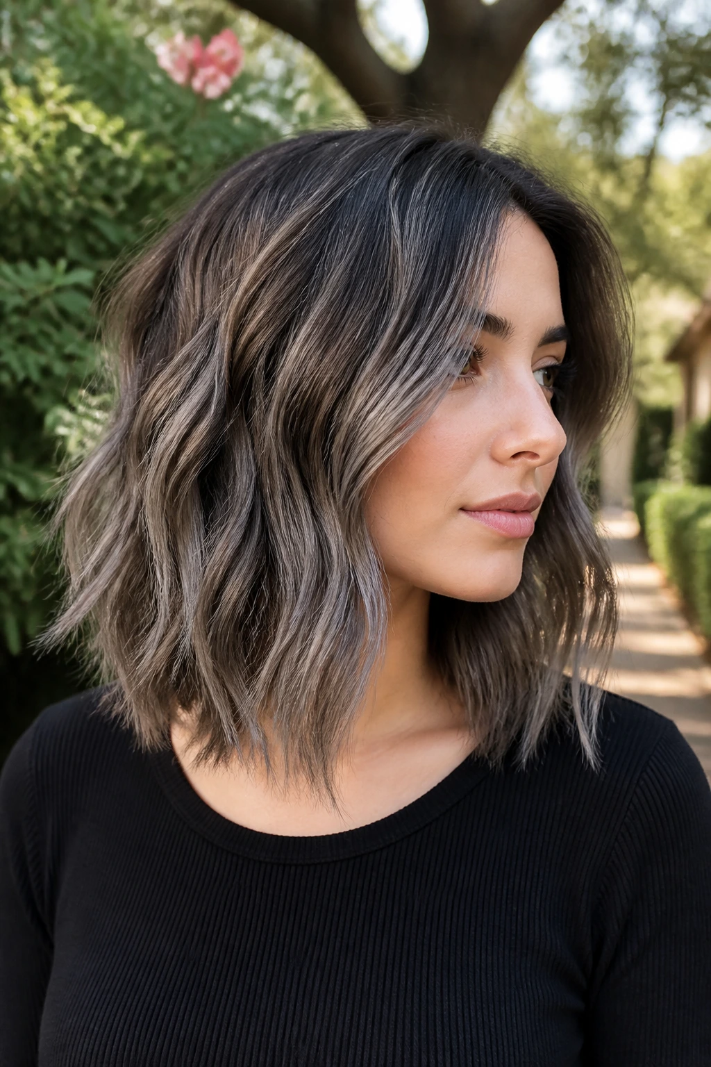 Real woman with shoulder-length wavy hair in steel-smoke balayage outdoors