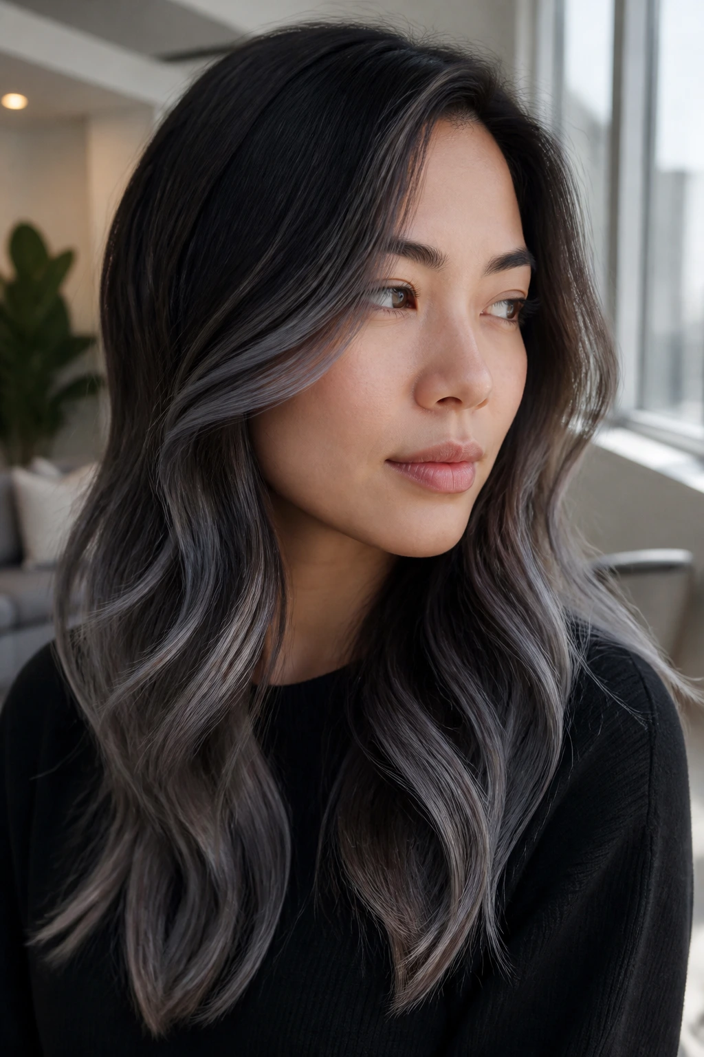 Portrait of a woman with steel-toned balayage hair.