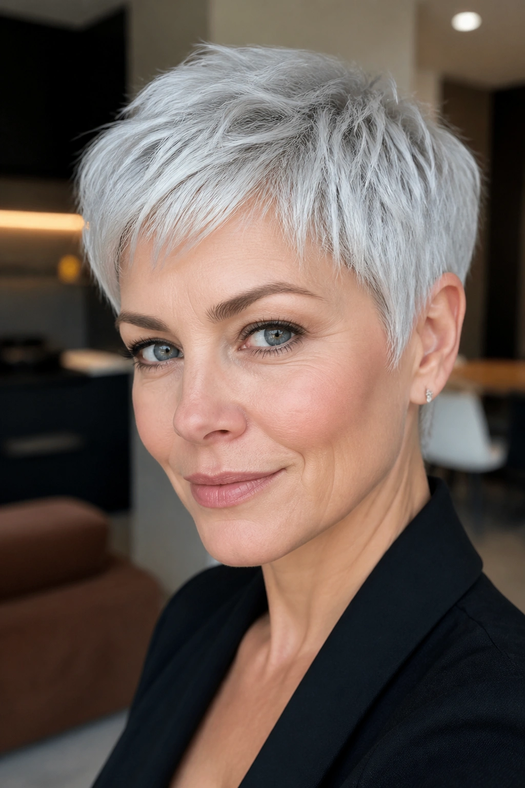 Close-up portrait of a real person with steel-white pixie crop and defined edges