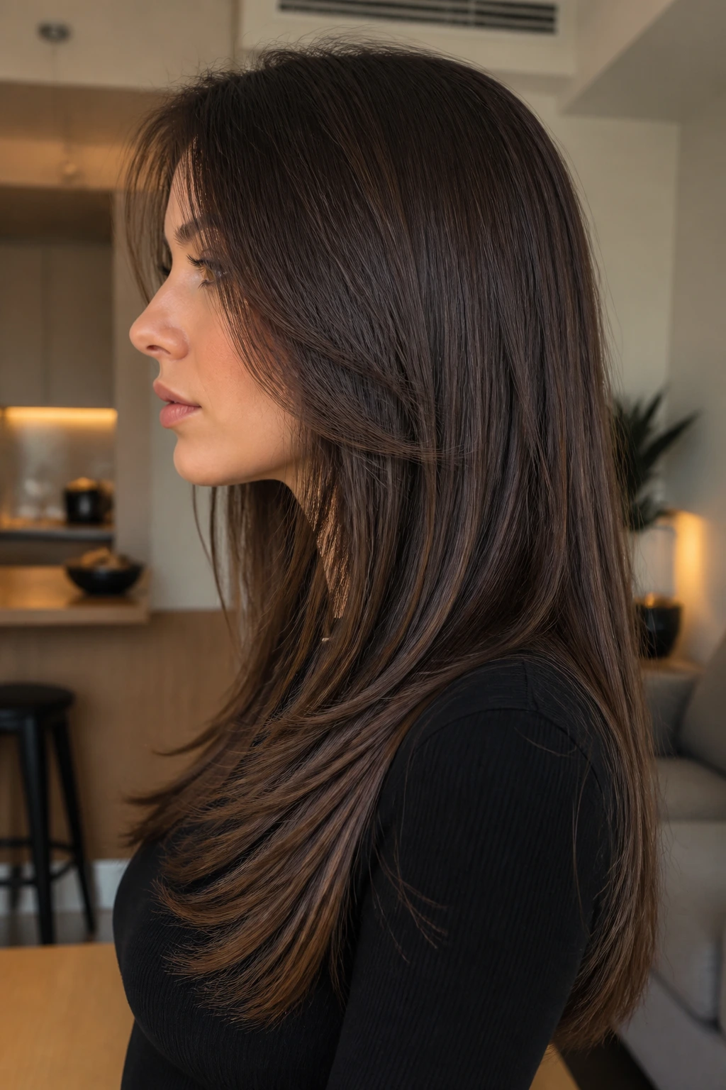 Profile portrait of a real woman with visible step layers