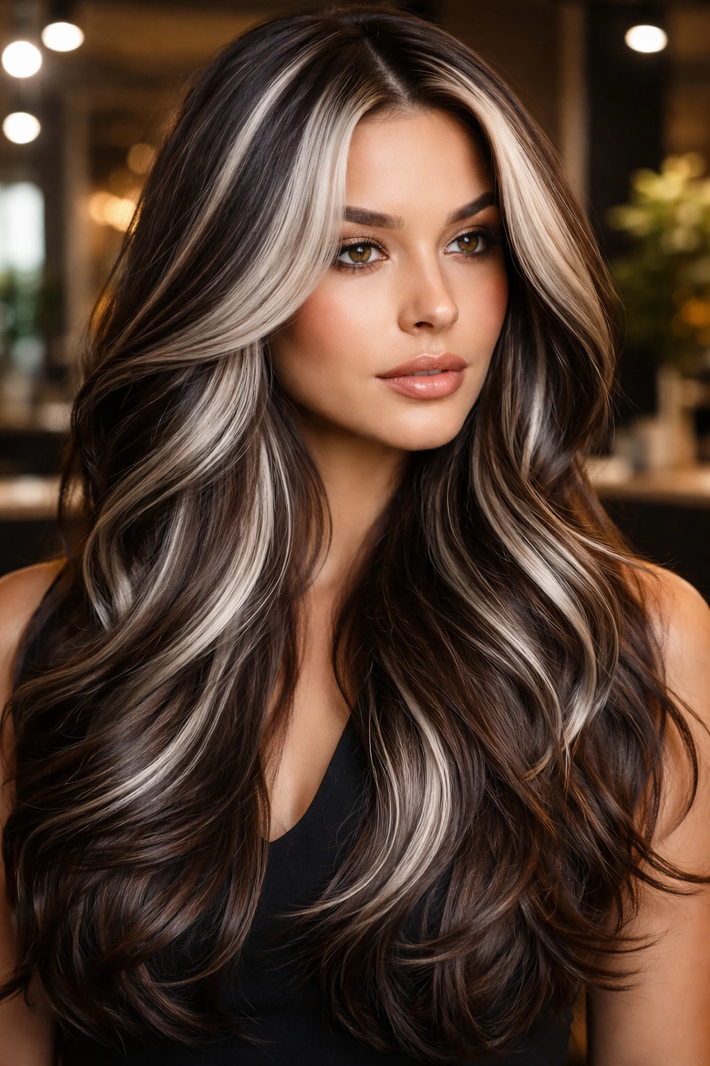 Portrait of long hair with chunky sterling silver highlights