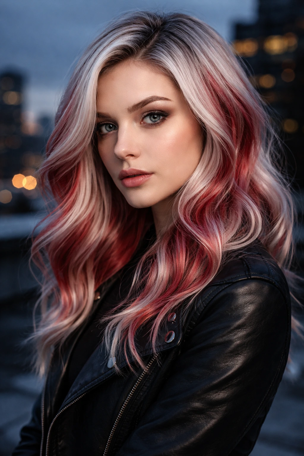 Close-up portrait of a person with sterling strawberry hair on a moody rooftop at twilight