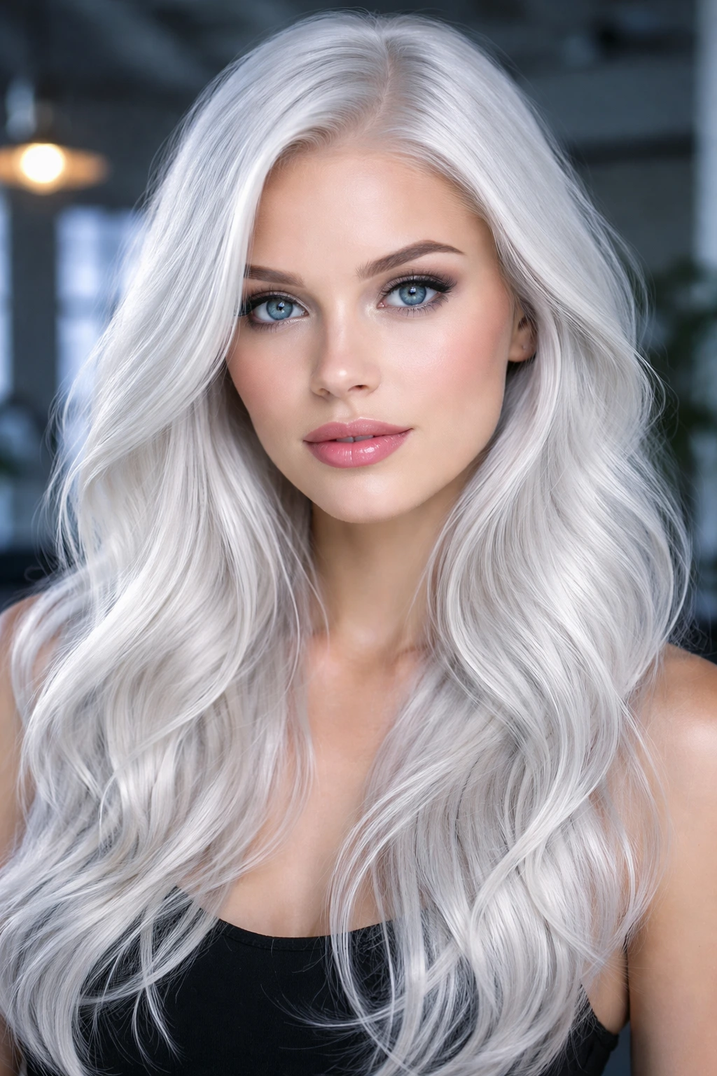 Close-up portrait of a real person with sterling white hair and high shine.