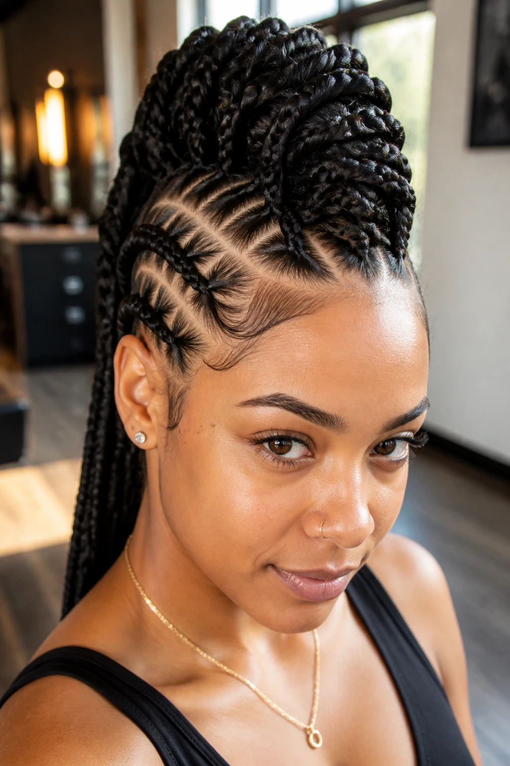 Close-up portrait of a woman with stitch-braid mohawk in a salon