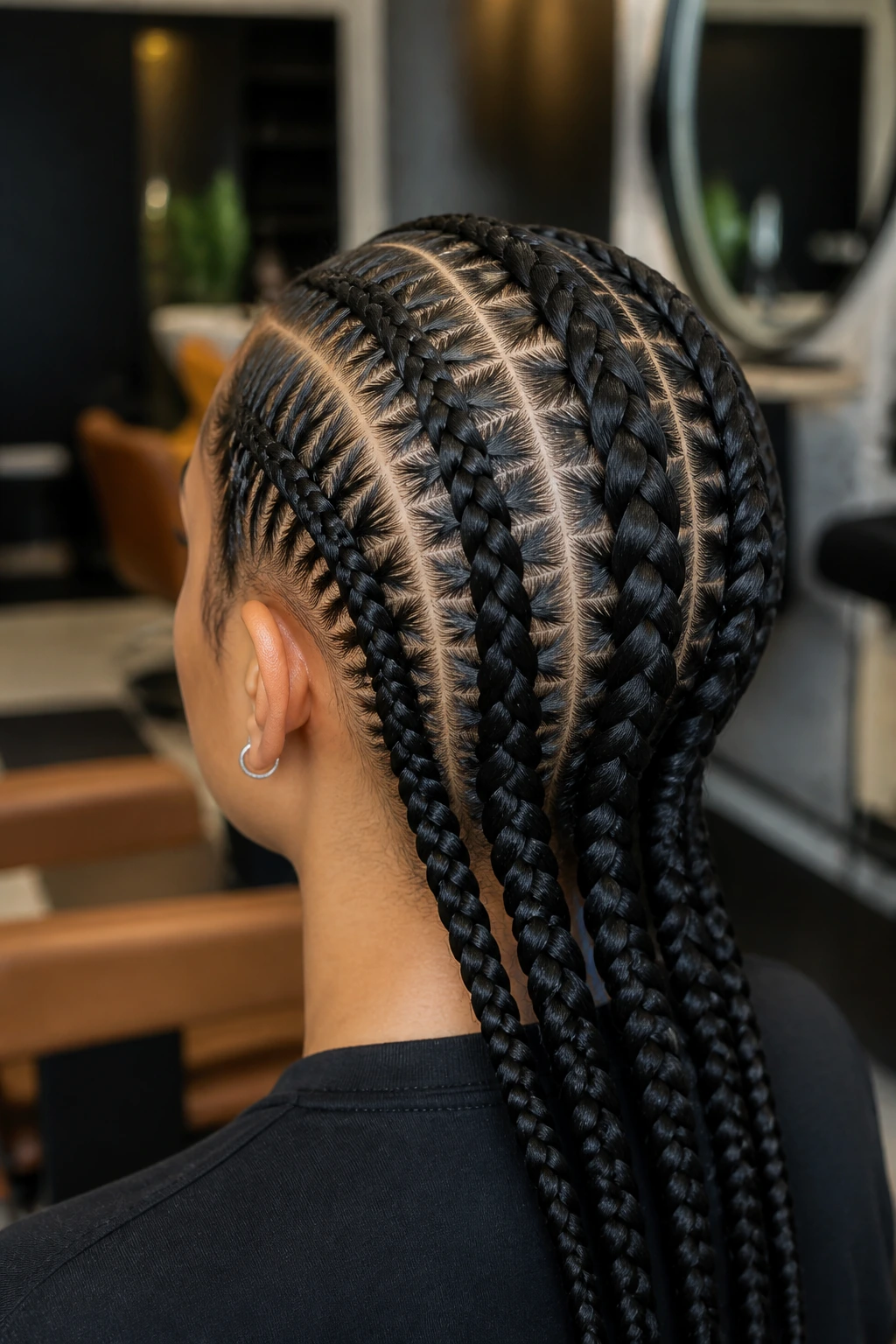 Rear view of a real person with stitch braids along the scalp in a stylish salon.