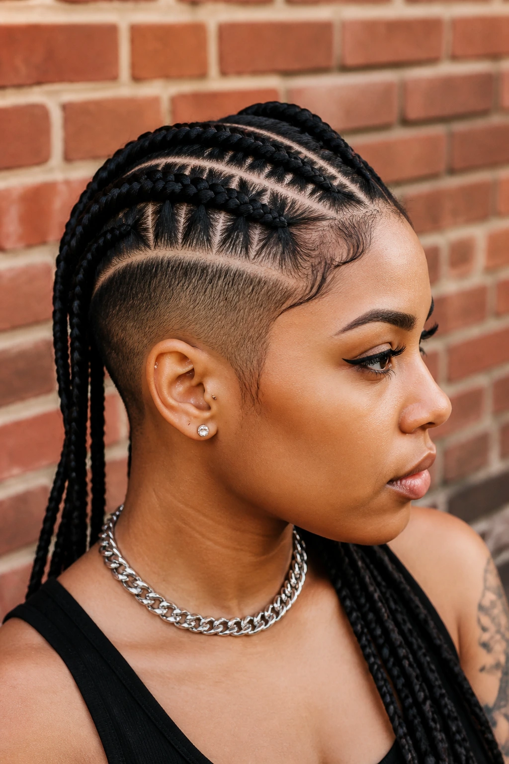 Close-up of a real woman's head showing stitch braids and a hard part