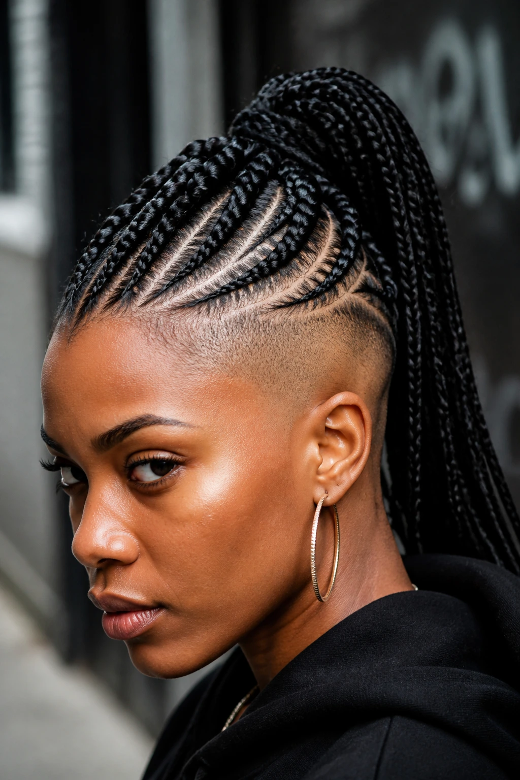 Real person with stitch braids forming a braided ponytail mohawk