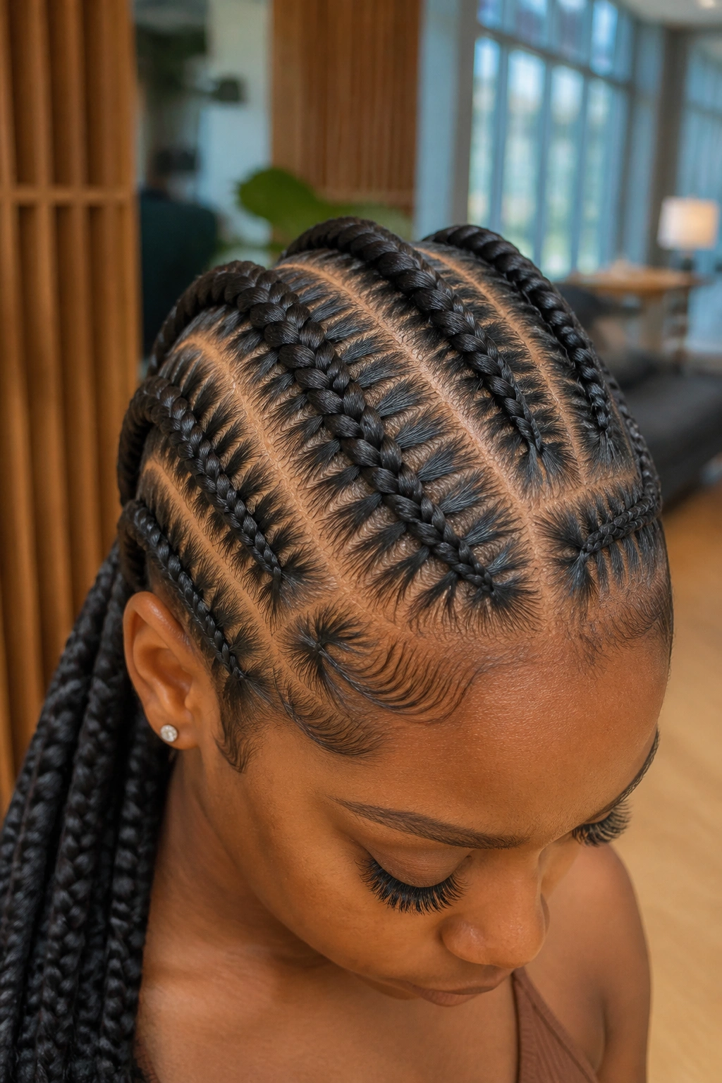 Close-up of a real woman with stitch braids in a modern lobby
