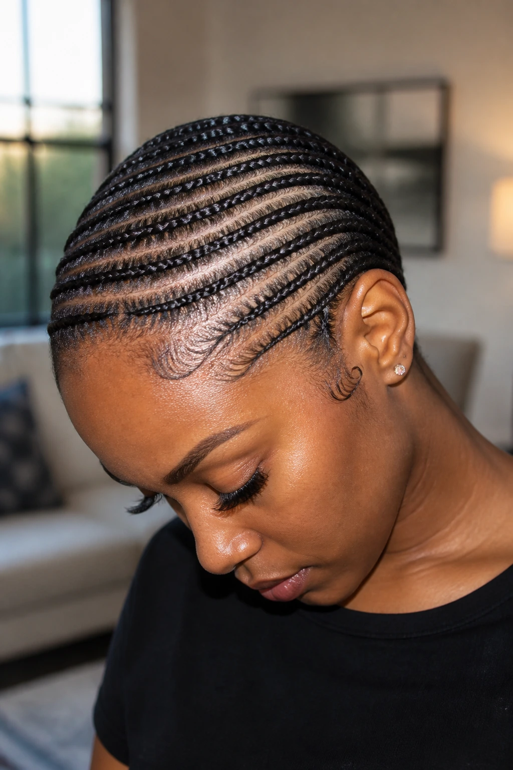 Portrait of woman with stitch cornrows swept low and tight in natural light