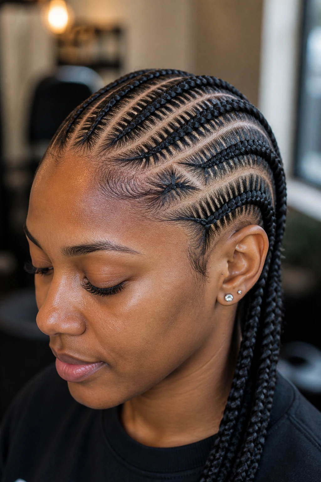 Close-up of a real Black woman with stitch cornrows and segmented scalp parting in a warm salon.