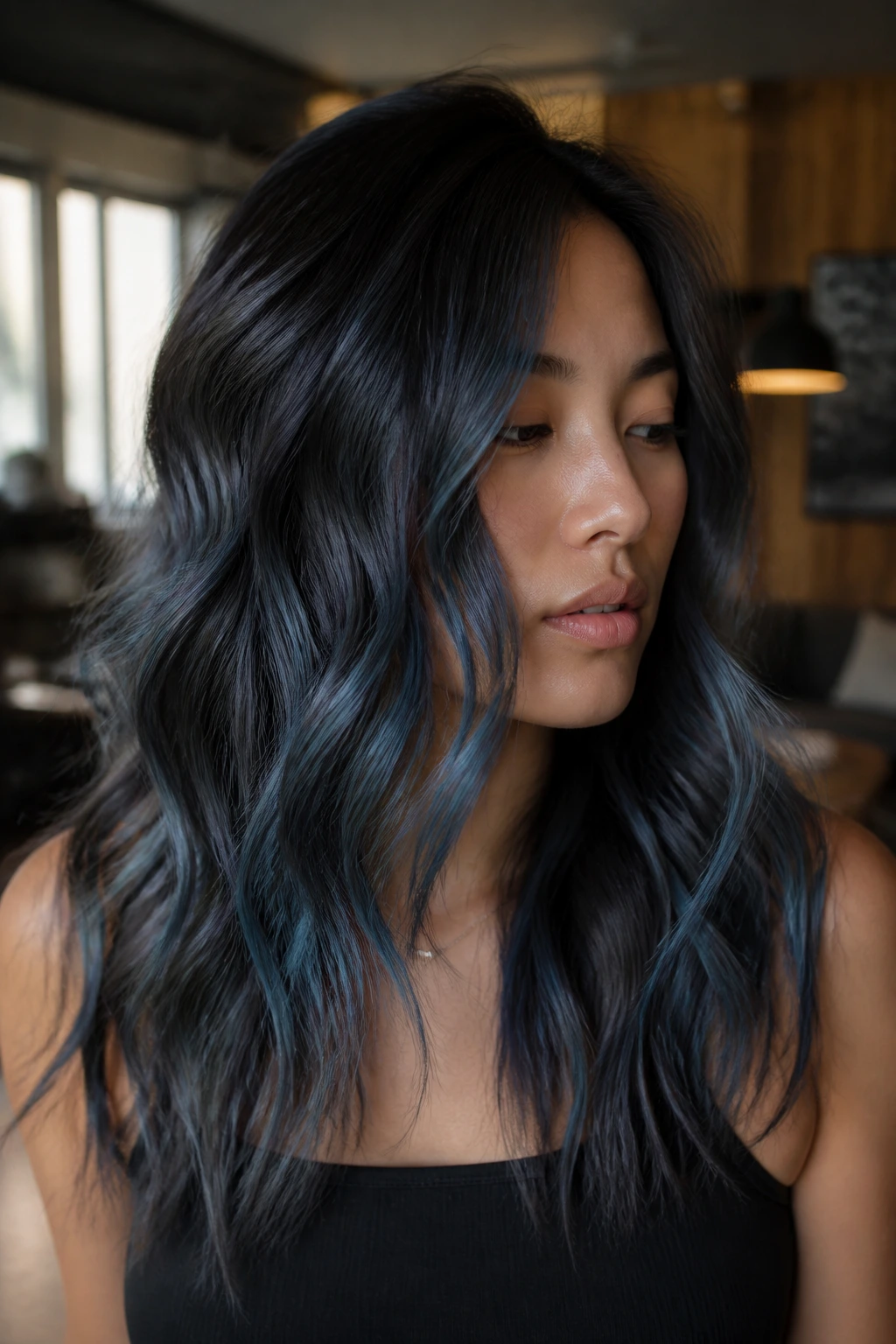 Close-up of dark brown hair with blue-gray melt in moody light.