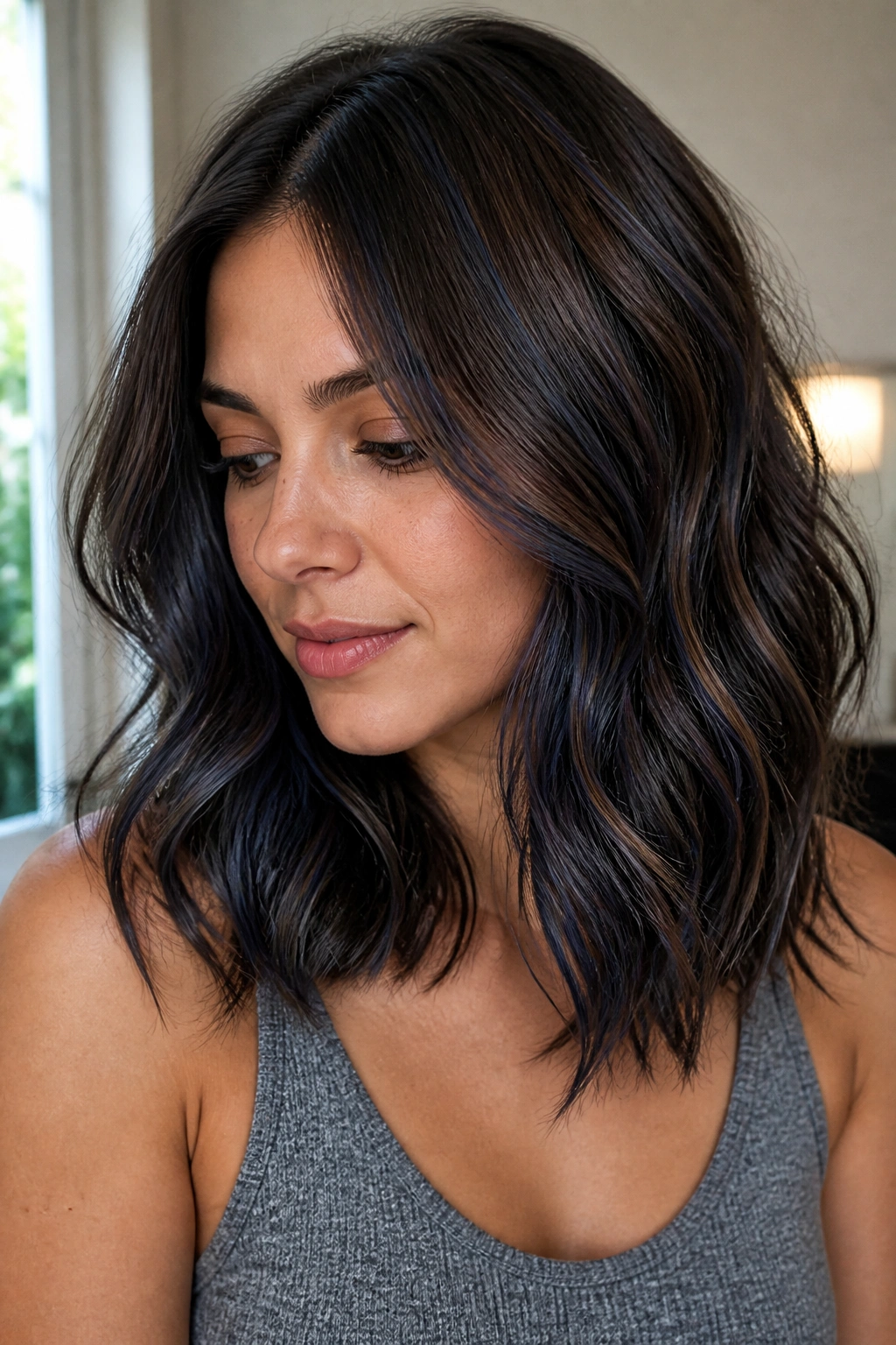 Shoulder-length brunette with stormy blue lowlights in soft indoor light
