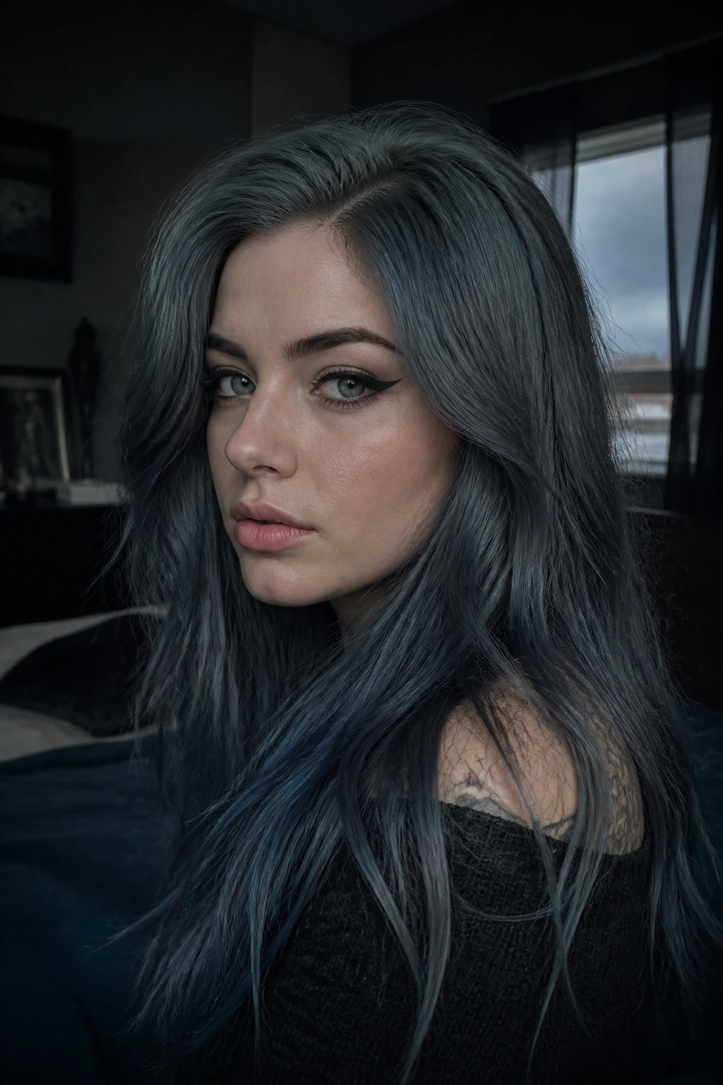 Close-up of a real person with Stormy Grey-Blue hair
