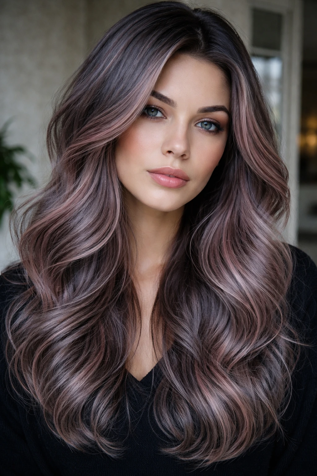 Real person with stormy gray hair and dusty rose highlights