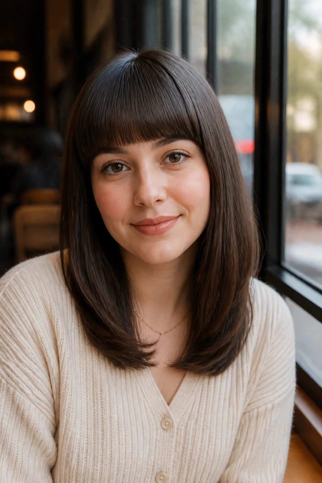 Close-up of a real woman with straight-across bangs and soft corners in a modern cafe