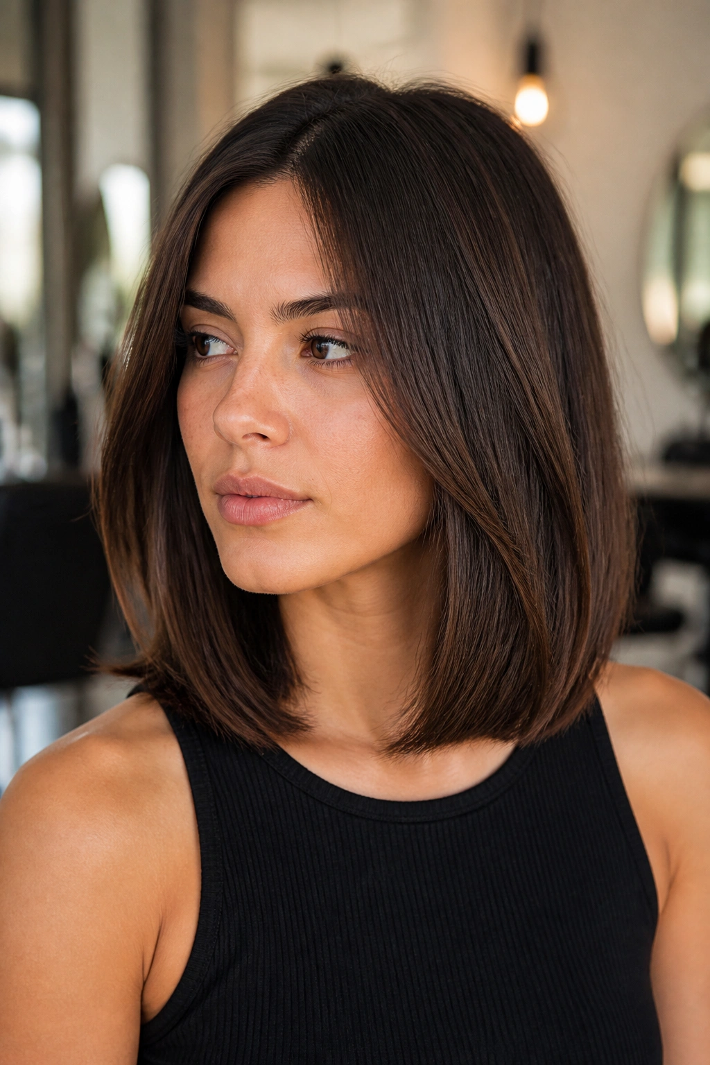 Close-up of a real person with straight-across medium cut showing inner texture in warm salon light