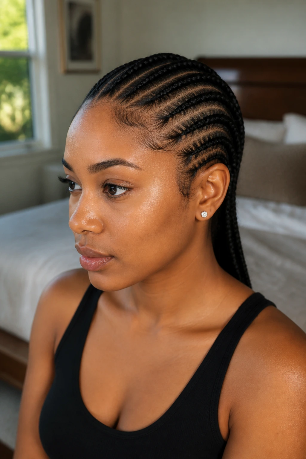 Close-up of a real woman with straight-back cornrows from hairline to nape in a cozy bedroom