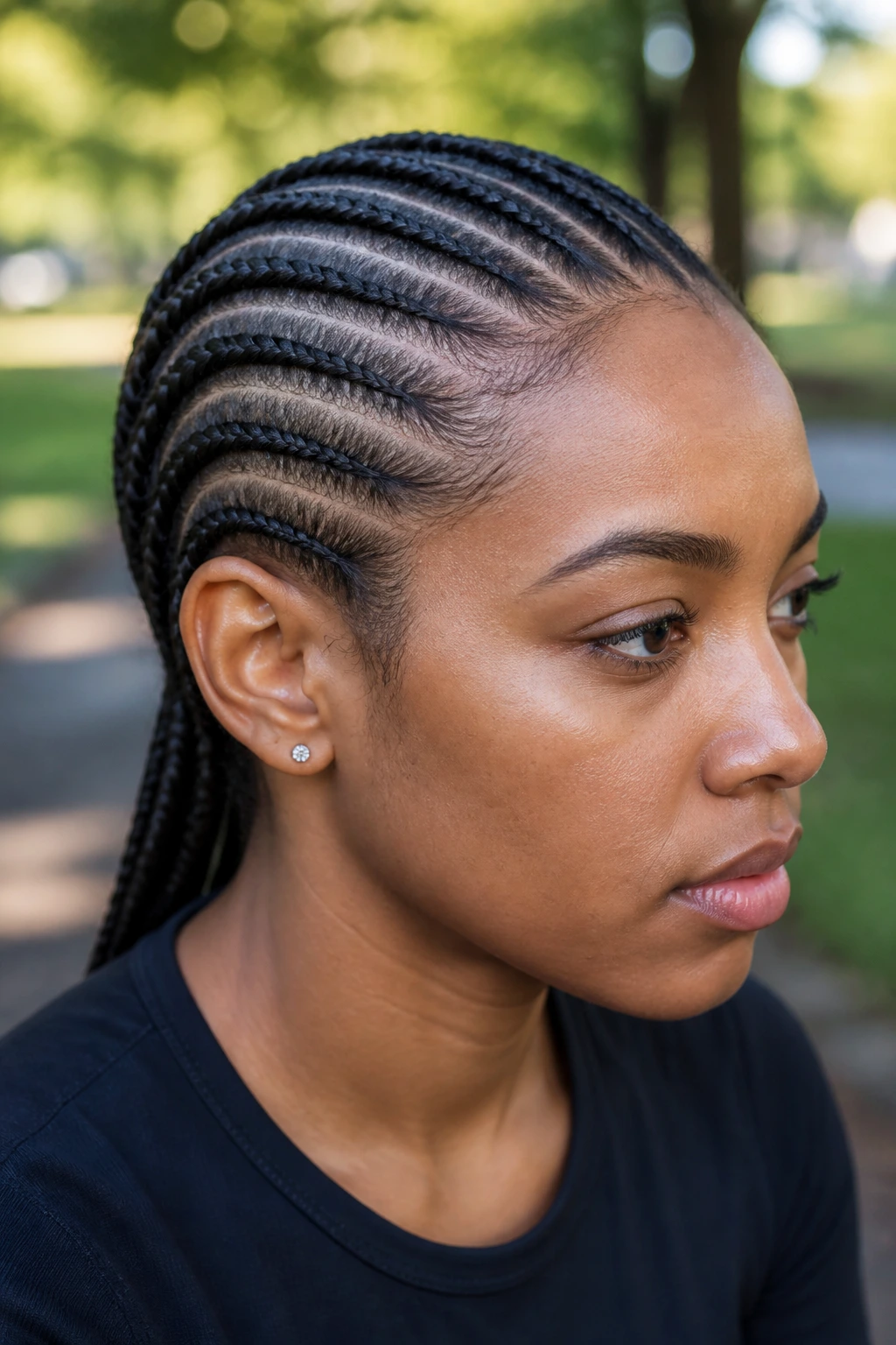 Close-up portrait of a person with straight-back cornrows outdoors