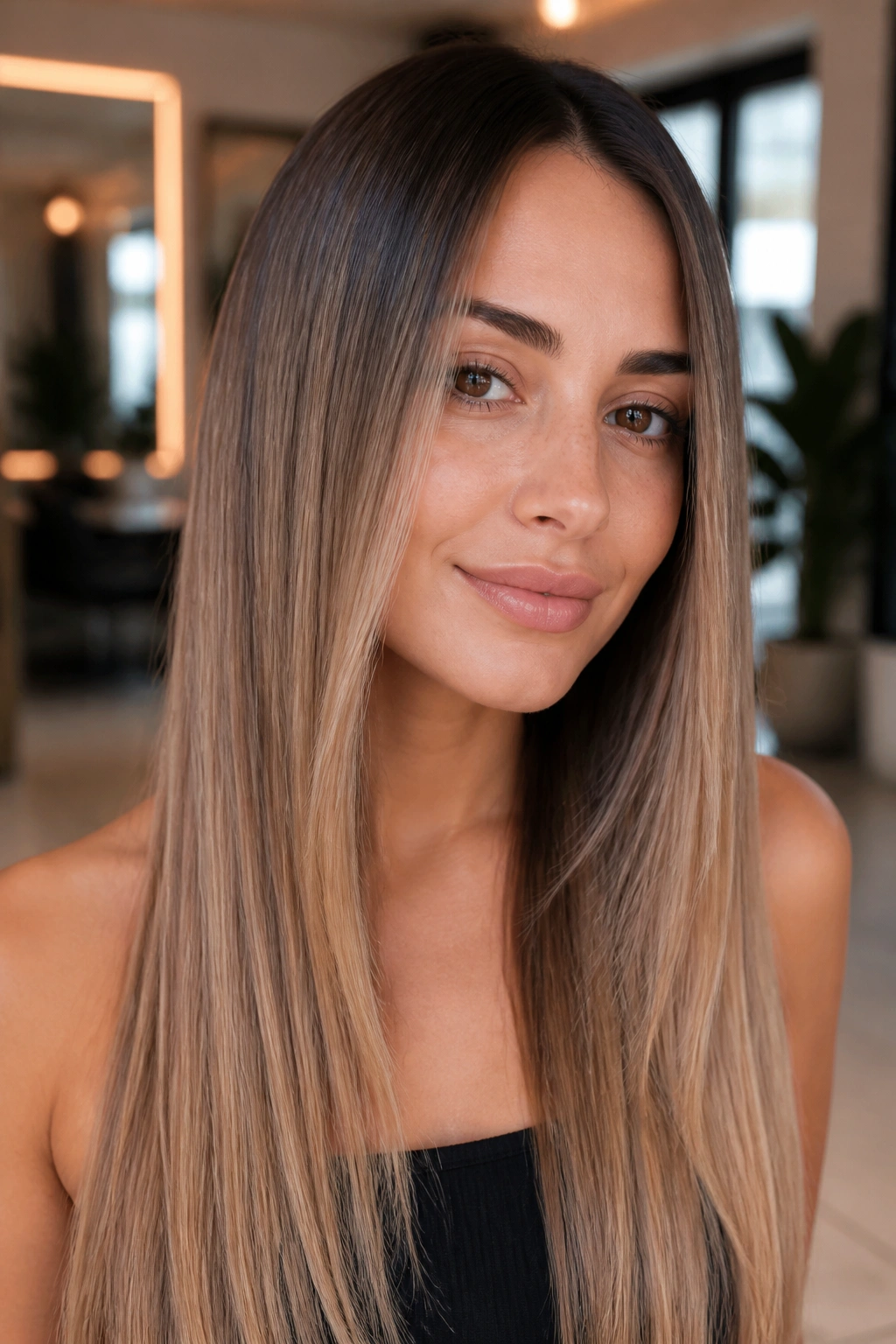Close-up of straight hair with seamless brunette to blonde blend