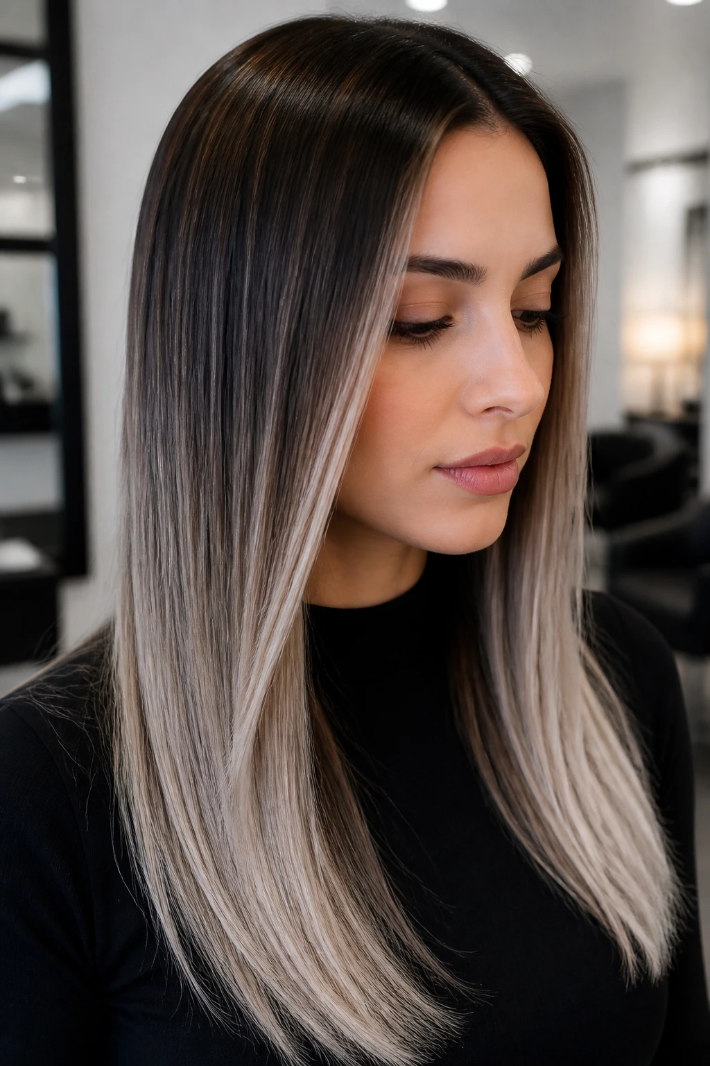 Straight brown hair with silver balayage in a modern salon setting