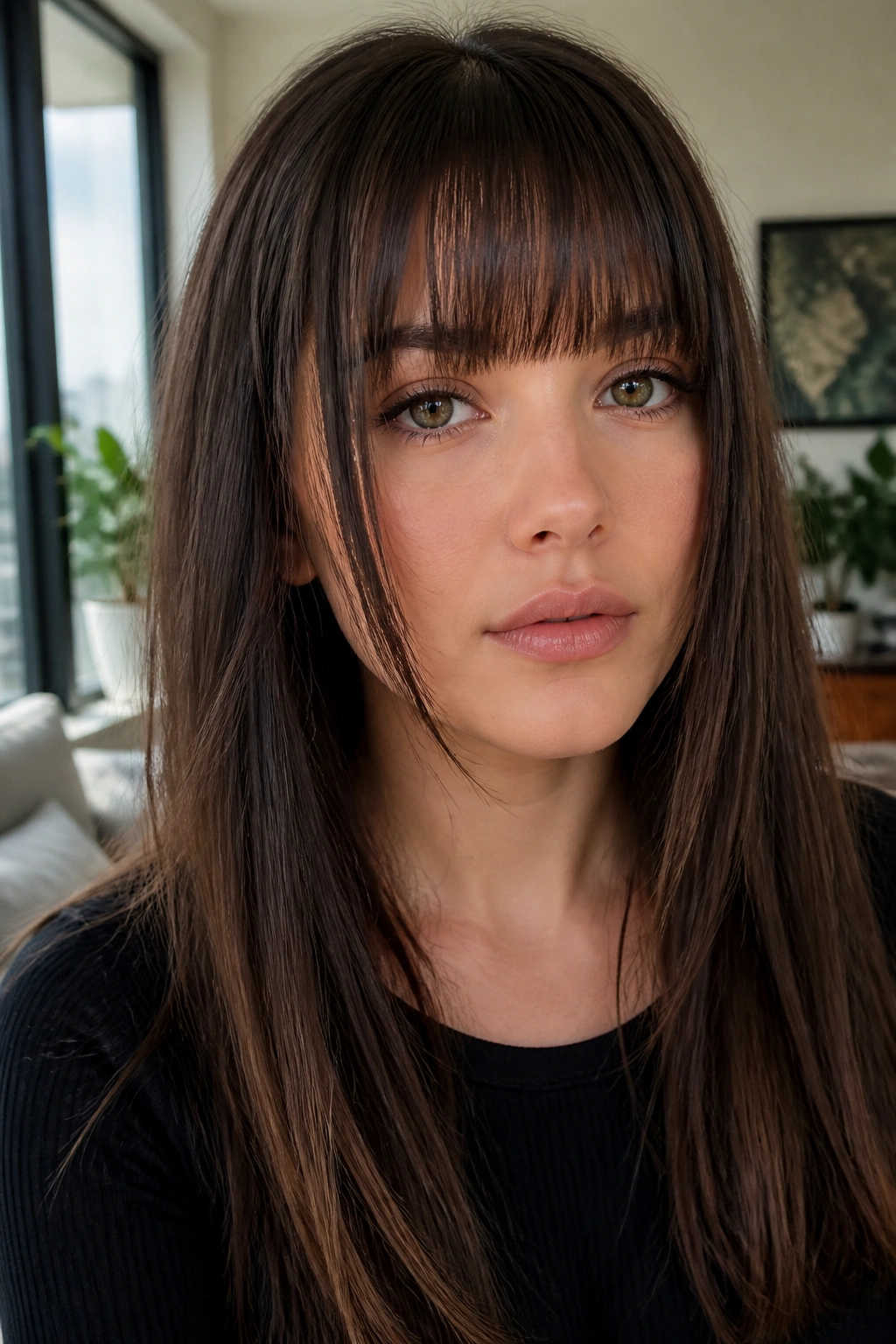 Real woman with straight bangs and long face-framing pieces