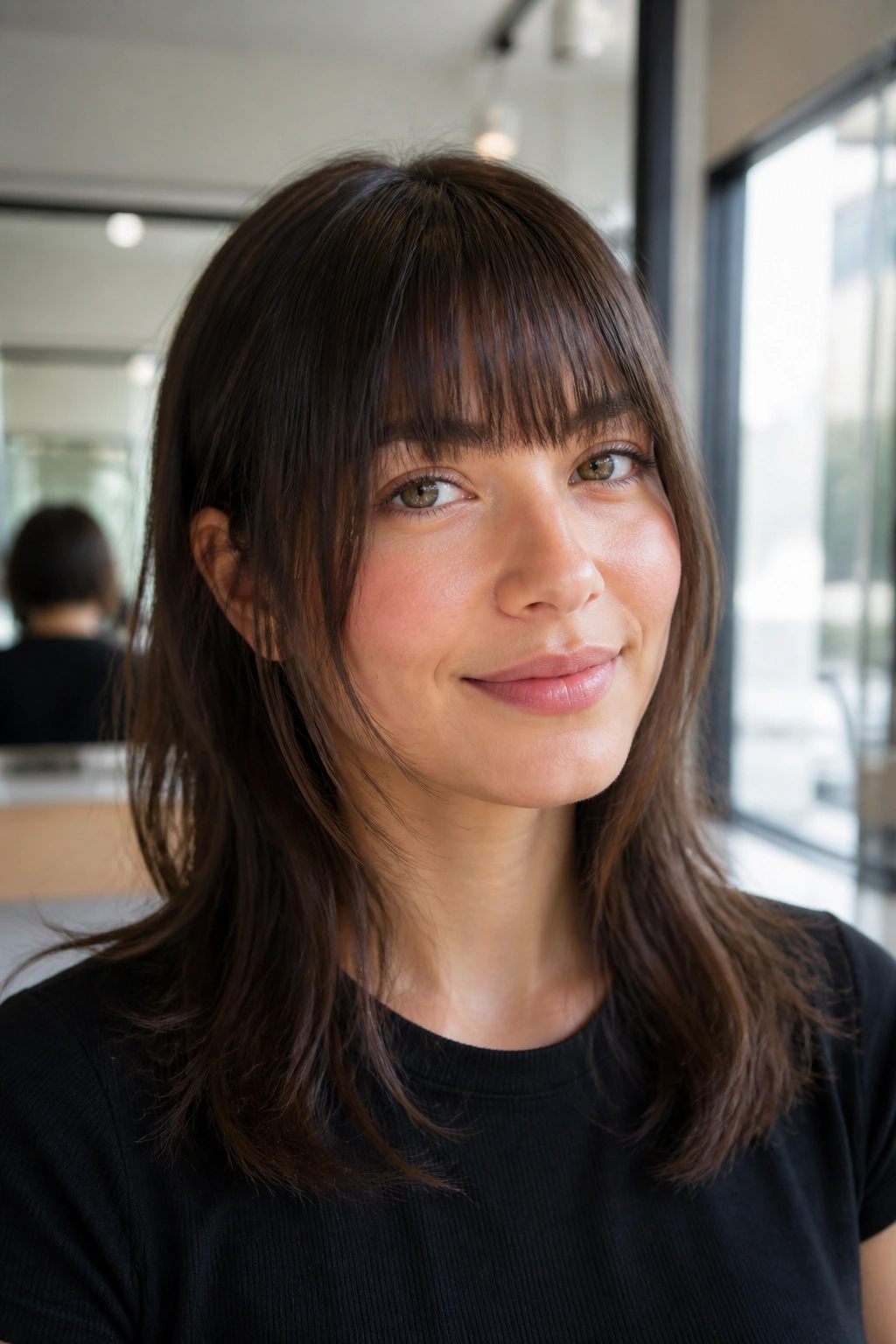 Real woman with straight bangs and longer temple pieces in bright salon light