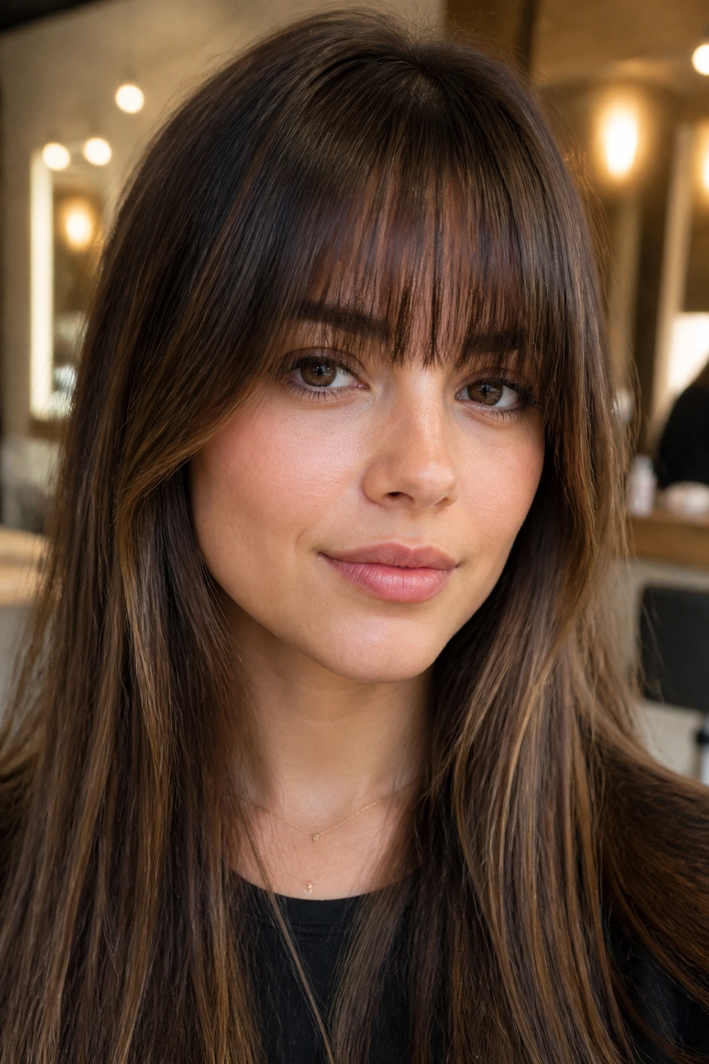 Real woman with straight blowout French bangs showing slight bend at ends and lift at roots.