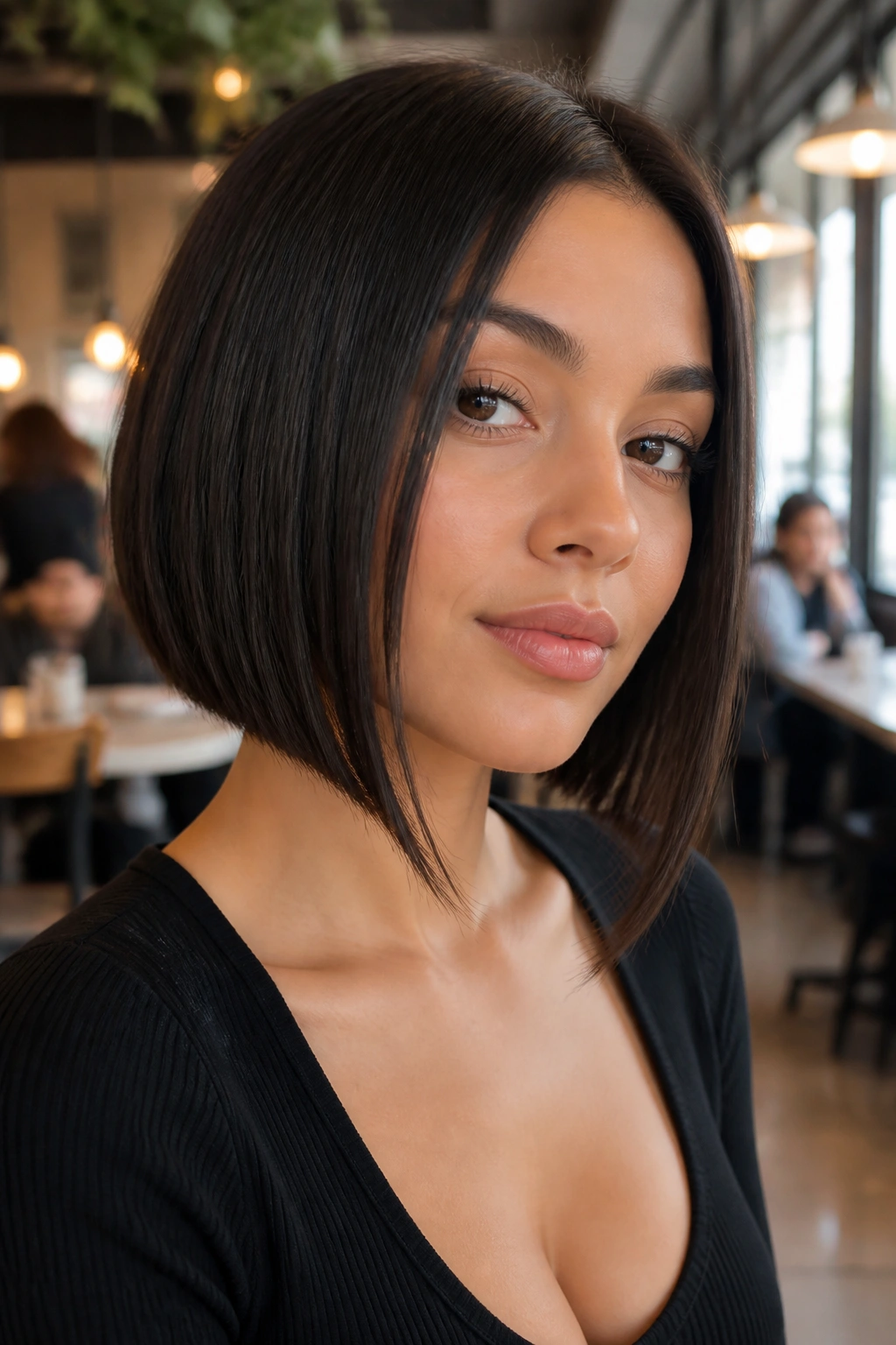 Portrait of a person with straight bob and face-framing fronts.