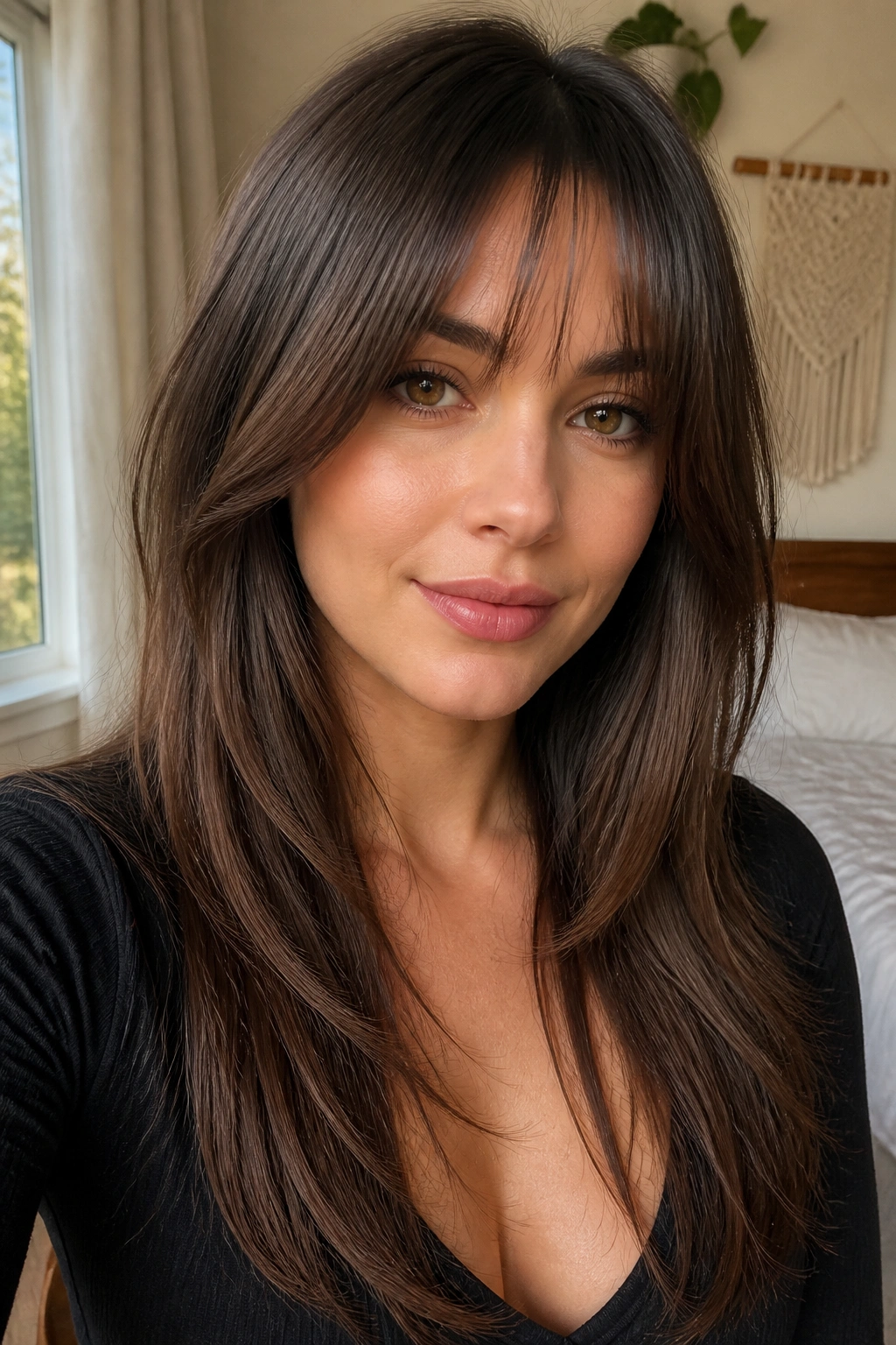 Close-up portrait of a real woman with straight curtain bangs and long layers in natural window light