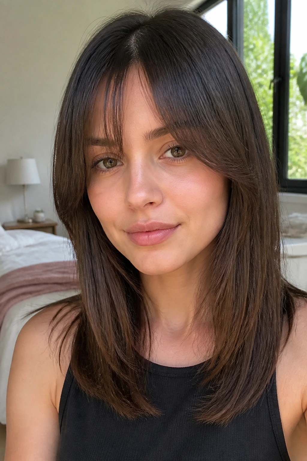 Close-up of straight hair curtain bangs with bevel on ends.