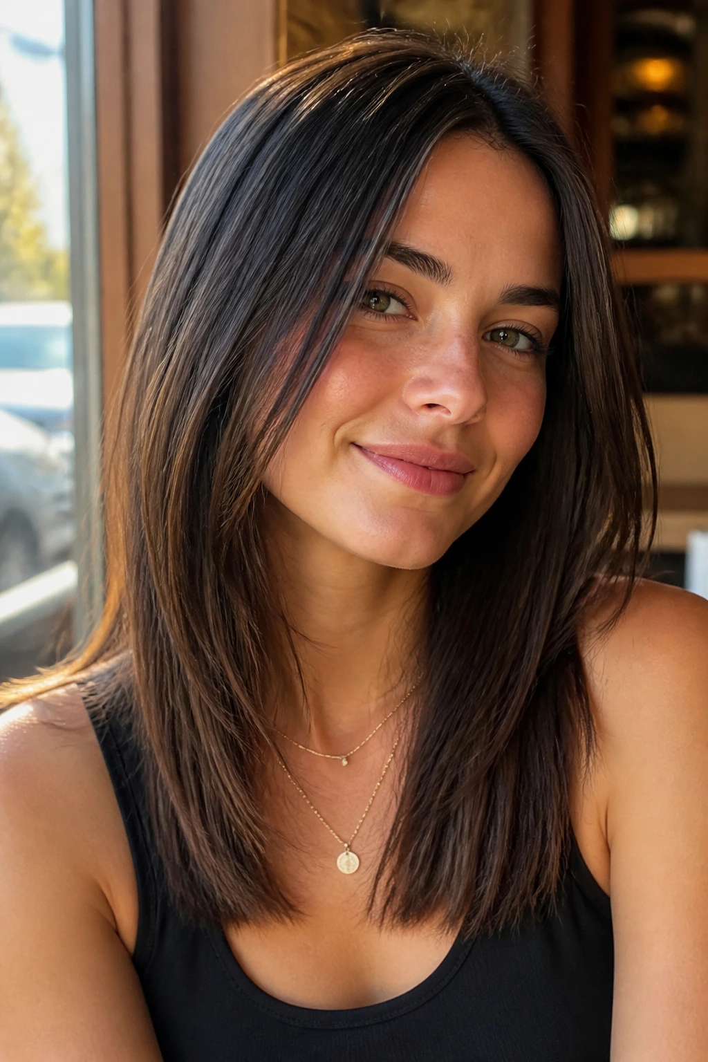 Portrait of a real woman with a straight cut and soft invisible layers, front long for a round face