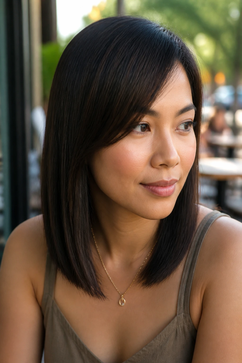 Close-up of a real woman with a straight cut and peekaboo side bang