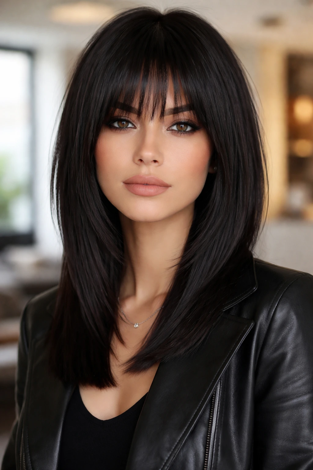 Close-up portrait of a real person with sleek straight-edge shag and polished curtain