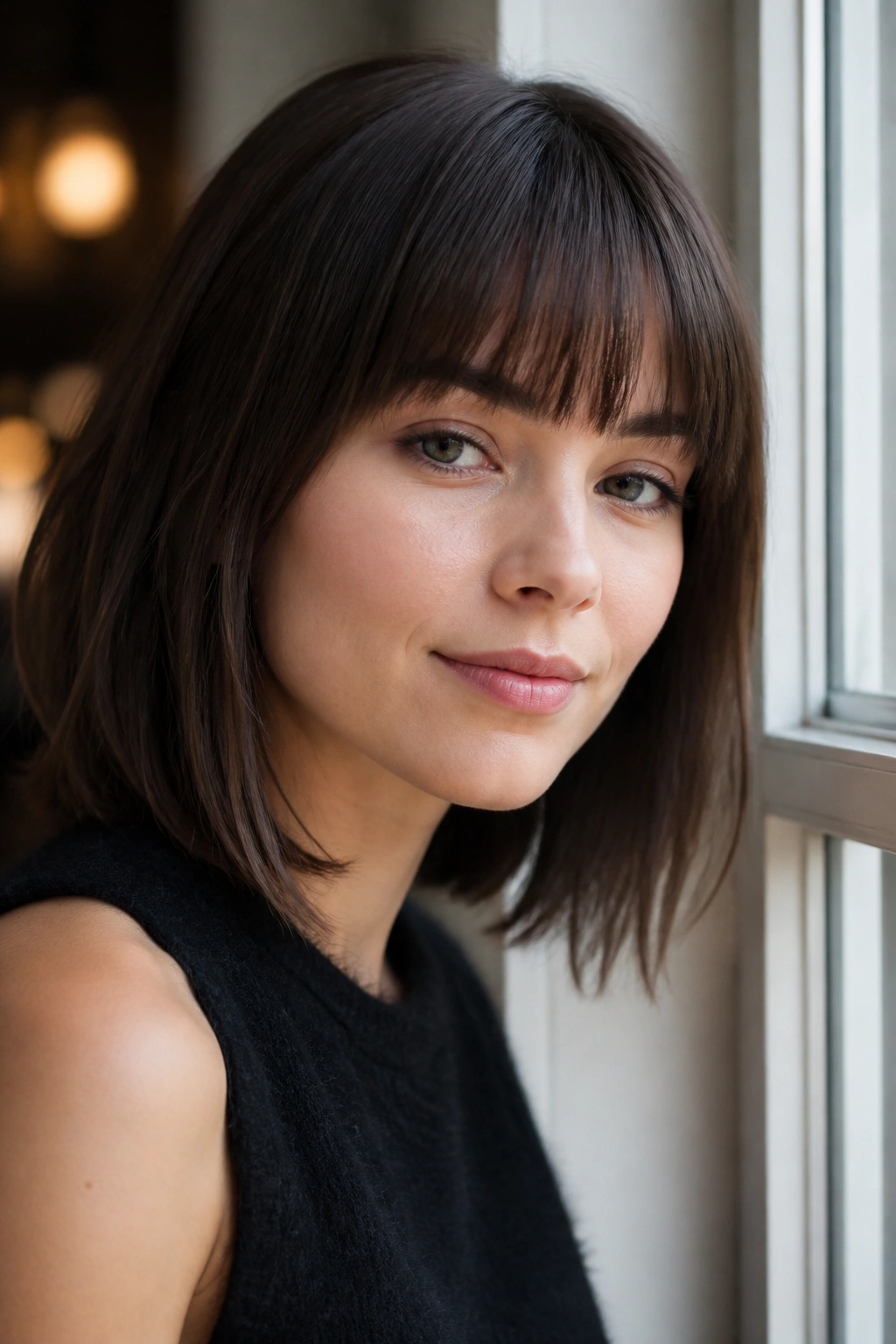 Real woman with polished straight fringe, portrait by window light.