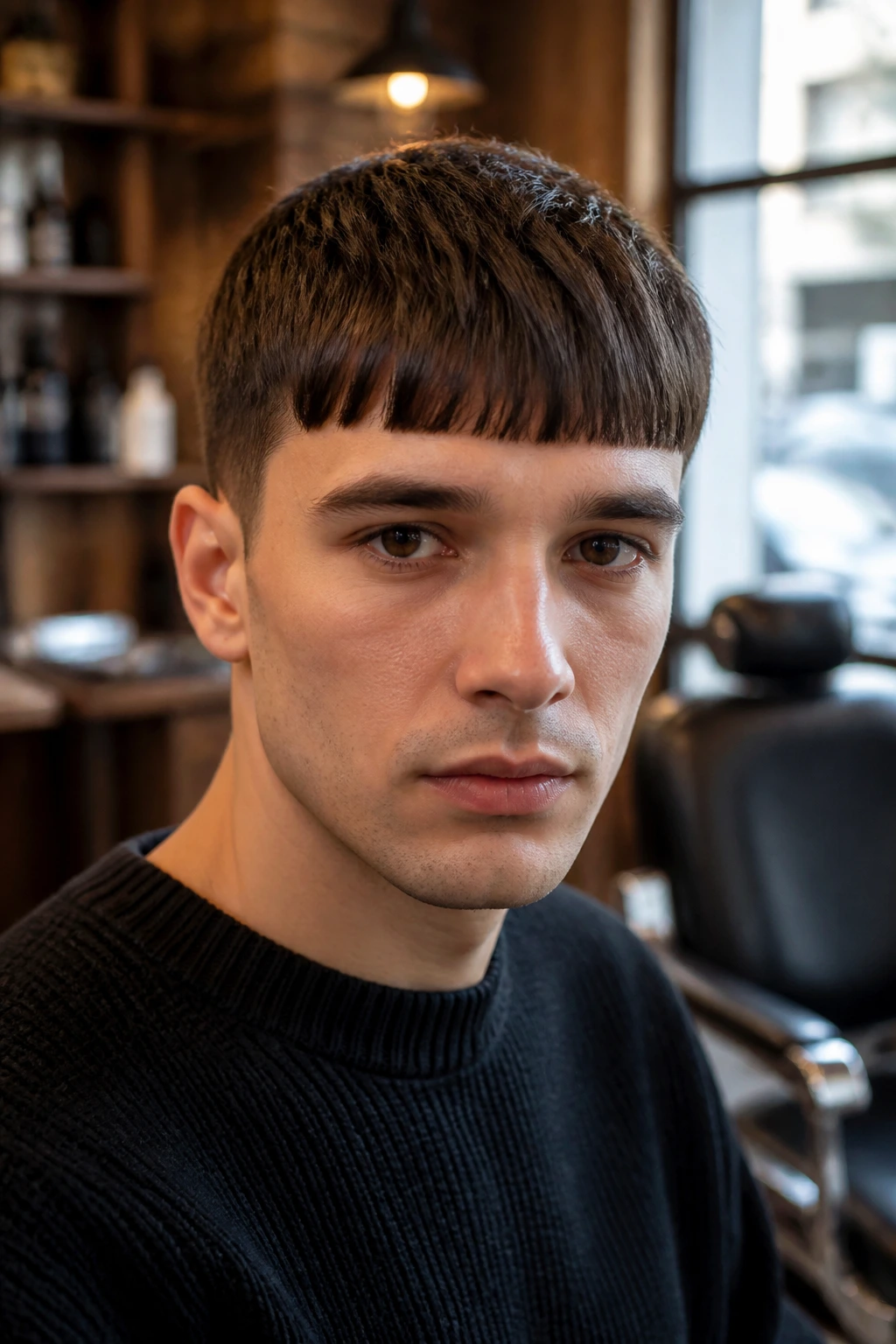 Close-up of a real man with a classic straight fringe at brow length in warm barbershop lighting
